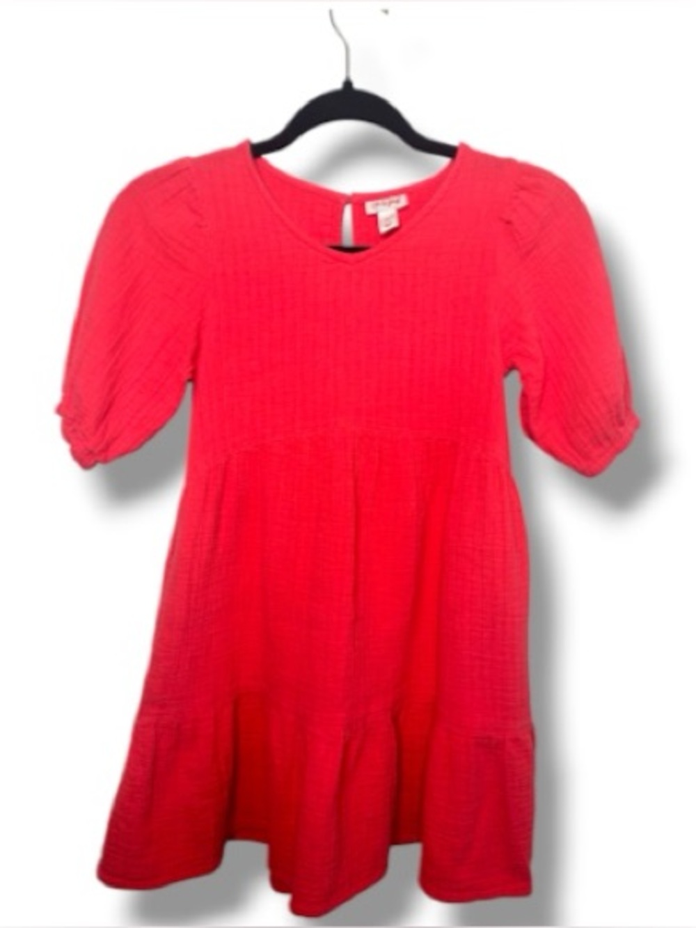 Cat & Jack Girls Coral Gauze Dress Size 10/12 Puff Sleeve Tiered Casual